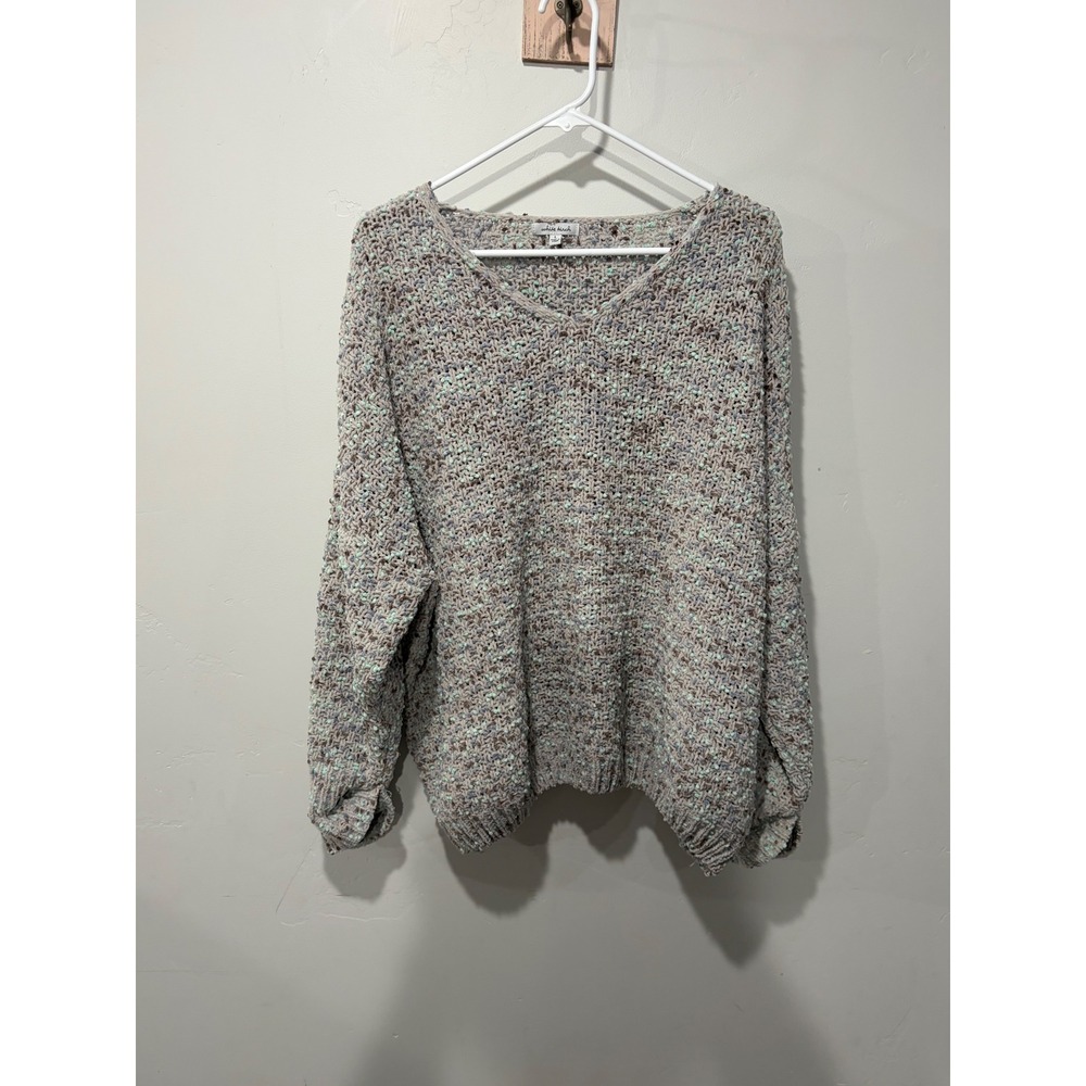 White Birch Women Popcorn Knit V-Neck Sweater Multi Color Confetti Beige Large
